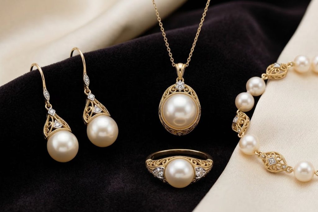 Stunning vintage pearl and gold jewelry set featuring necklace, earrings, ring, and bracelet.